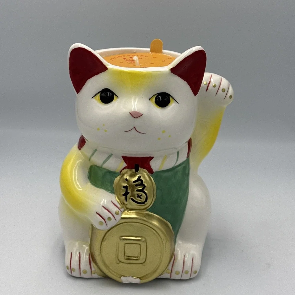 Lucky Cat Ceramic White Red Gold Prosperity Home Decor Candle Used Small Chip